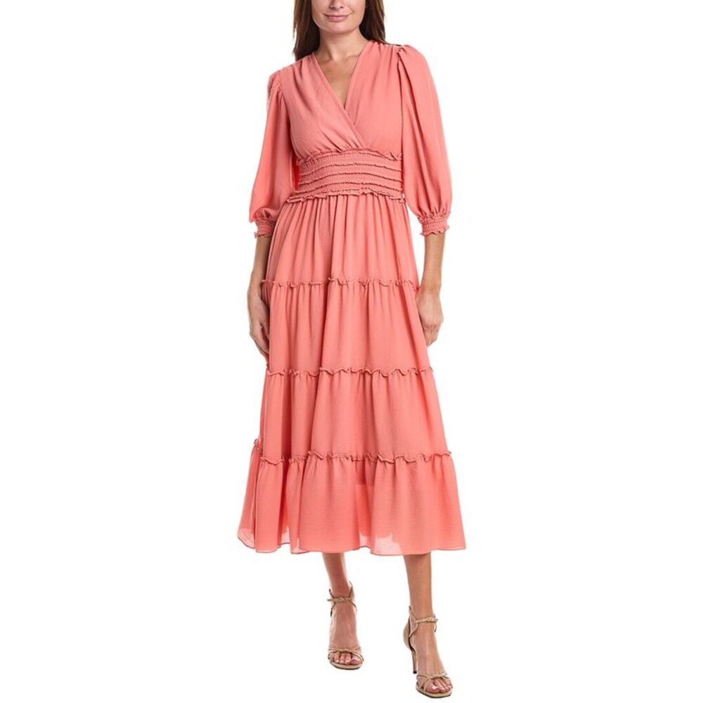 Max Studio Womens  Puff Sleeve V-Neck Midi Dress, Pink